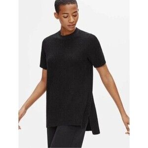 Eileen Fisher Organic Linen Crepe Mock Neck Tunic Women's S/M Oversize Black NWT